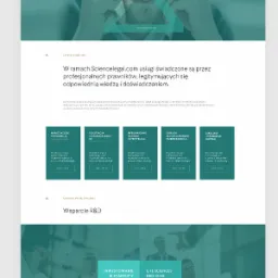 Zrzut ekranu strony internetowej z zielono-białą kolorystyką, prezentujący usługi dla startupów i projektów badawczo-rozwojowych, z minimalistycznym designem i wyraźnym podziałem na sekcje.