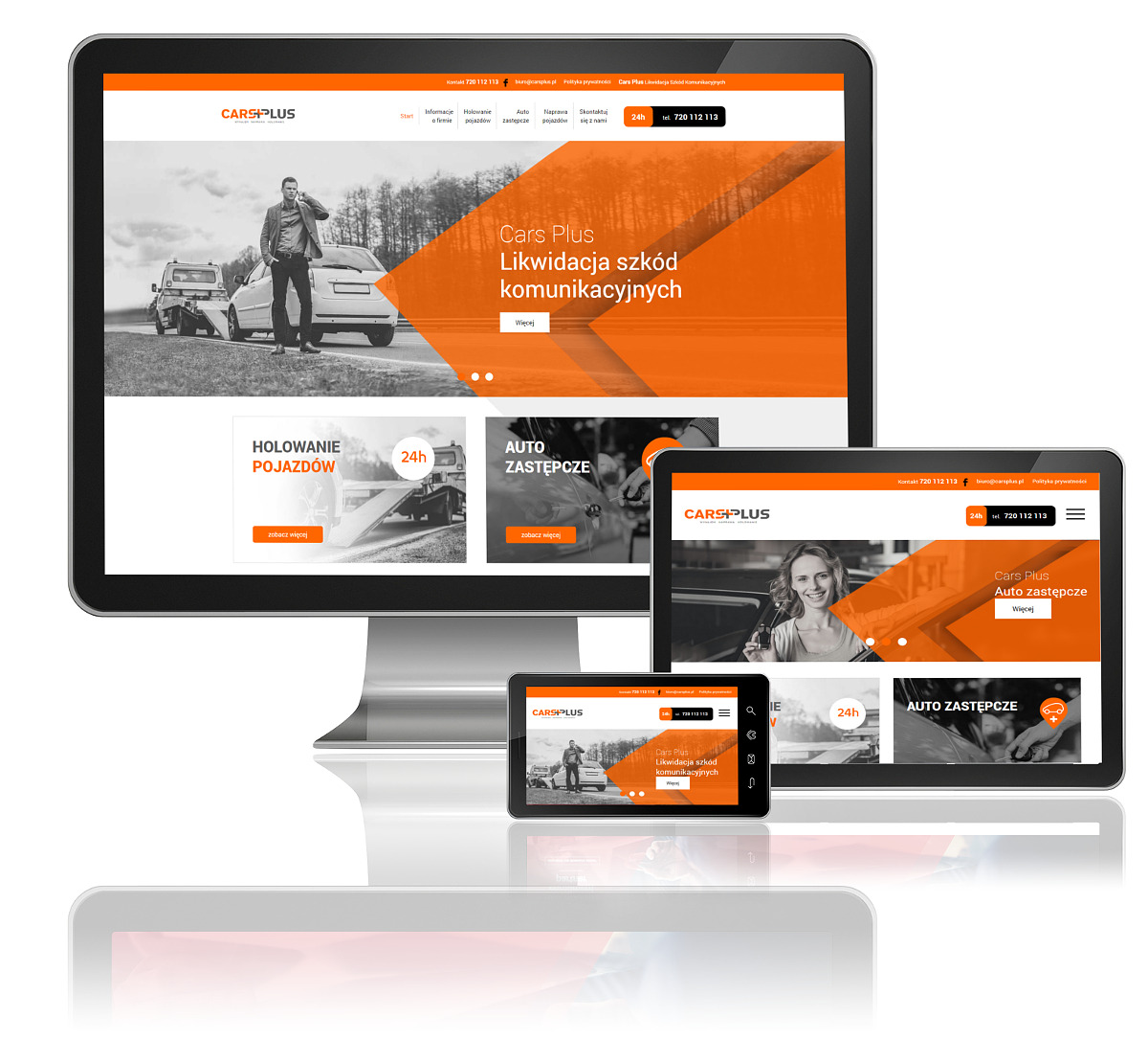 Responsywny design strony internetowej Cars Plus, prezentowany na monitorze, tablecie i smartfonie, z widocznymi sekcjami: Holowanie pojazdów, Auto zastępcze i Likwidacja szkód komunikacyjnych.