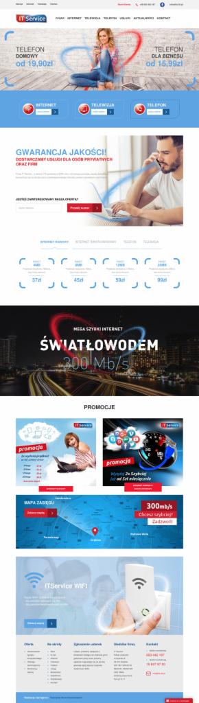 Zrzut ekranu strony internetowej firmy IT Service, prezentujący ofertę internetu, telewizji i telefonii, z naciskiem na szybki internet światłowodowy i promocje.