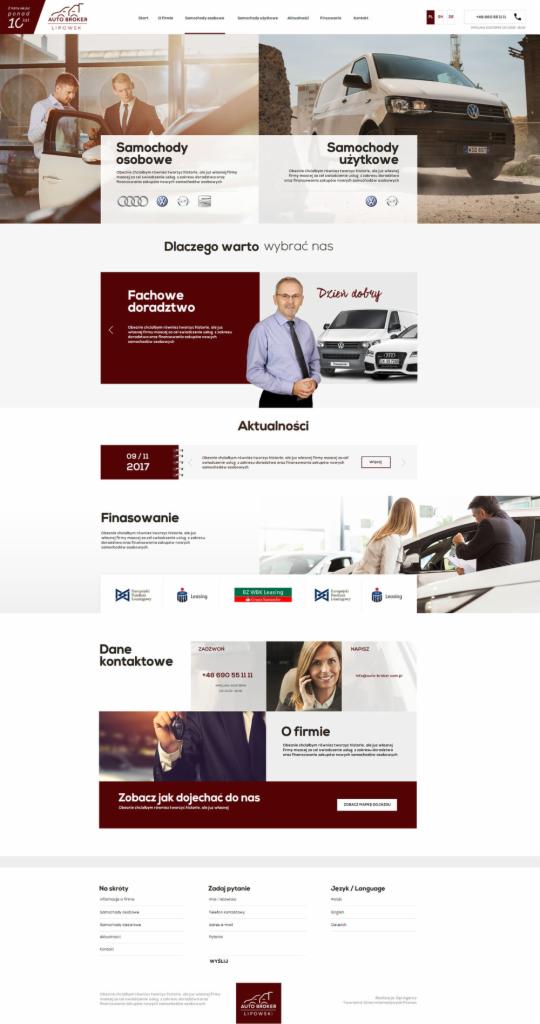 Fragment strony internetowej dealera samochodowego z sekcjami: Samochody osobowe, Samochody użytkowe, Fachowe doradztwo, Aktualności, Finansowanie, Dane kontaktowe, Zobacz jak dojechać do nas,...