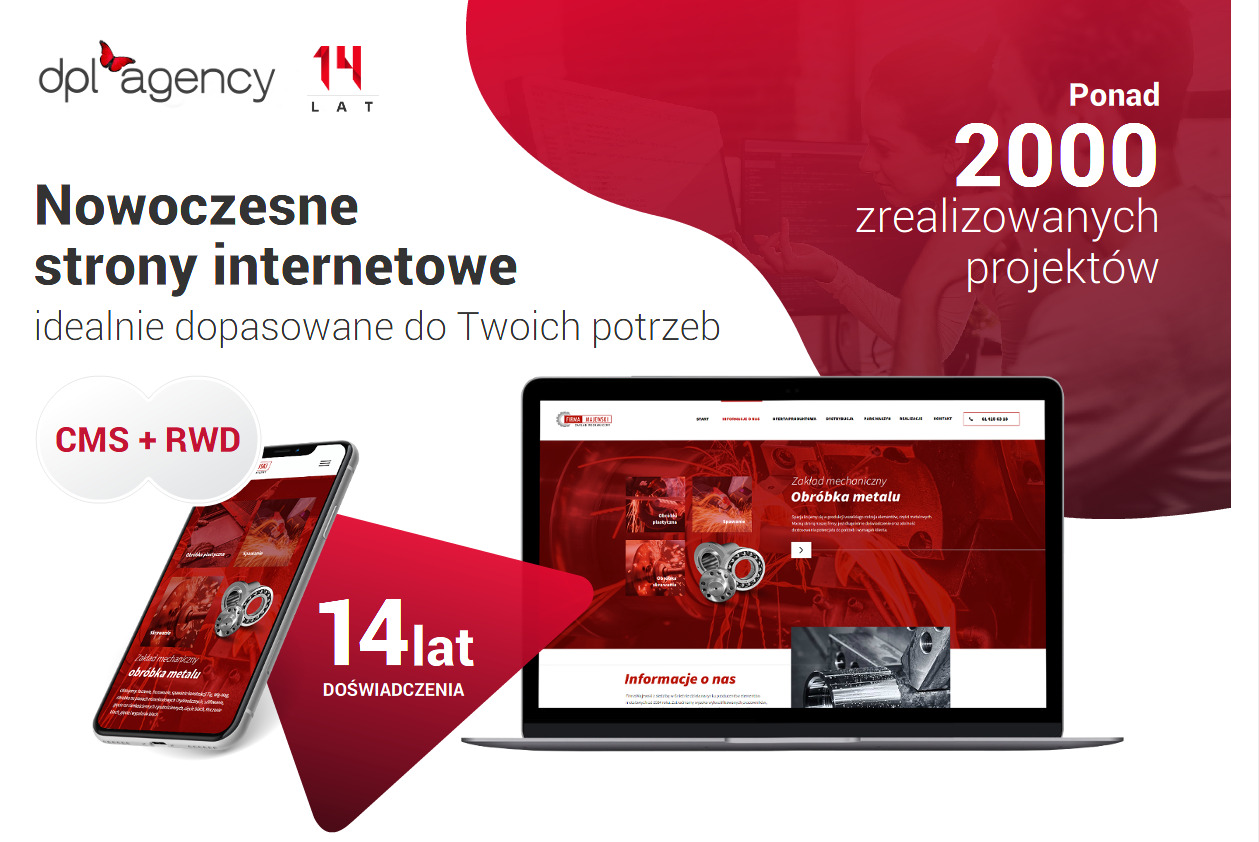 Prezentacja responsywnej strony internetowej na laptopie i smartfonie, z motywem graficznym zakładu mechanicznego obróbki metalu, logo agencji w lewym górnym rogu i informacją o 14 latach...