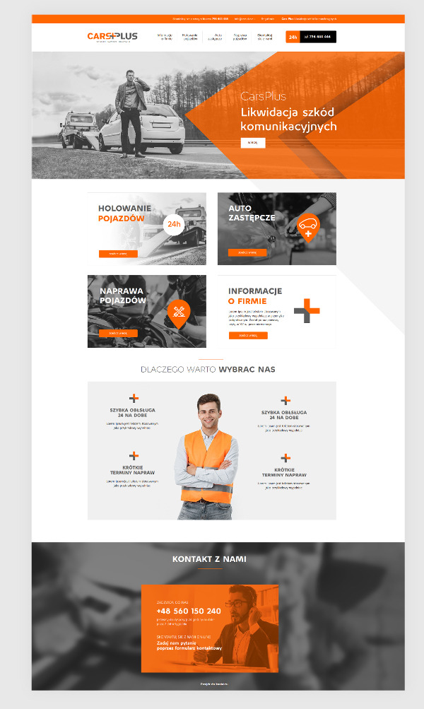 Projekt strony internetowej firmy CarsPlus z motywem likwidacji szkód komunikacyjnych, prezentujący holowanie, auto zastępcze, naprawę pojazdów i informacje o firmie w pomarańczowo-białej kolorystyce.