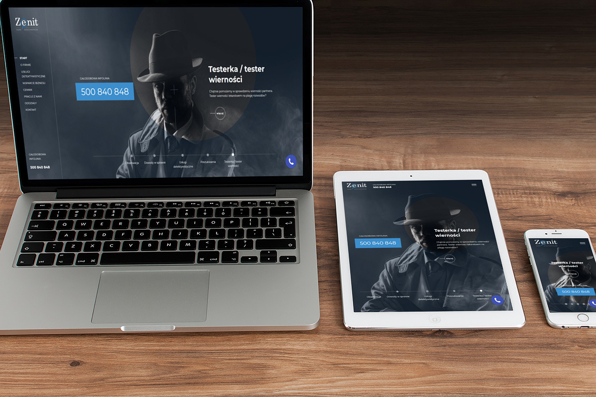 Responsywna strona internetowa firmy detektywistycznej 'Zenit' wyświetlana na laptopie, tablecie i smartfonie, prezentująca ofertę 'Testerka/tester wierności'.