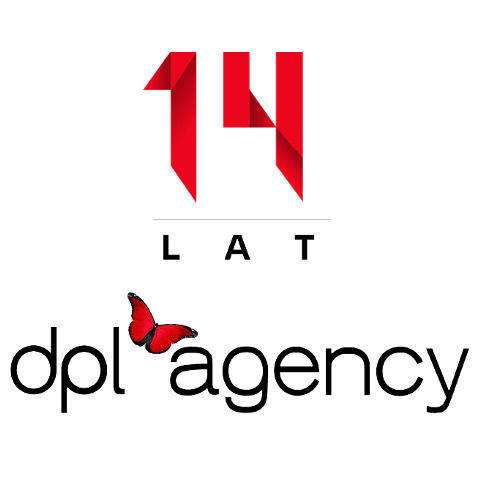 Grafika przedstawiająca logo firmy dpl agency z motywem czerwonego motyla, obok napisu '14 LAT' stylizowanego na wstążki.