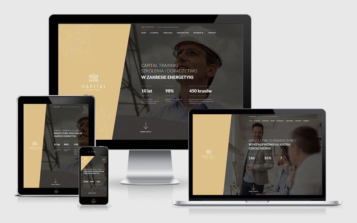 Responsywny układ strony internetowej Capital Training Studio na monitorze, laptopie, tablecie i smartfonie, prezentujący nowoczesne szkolenia w zakresie energetyki.