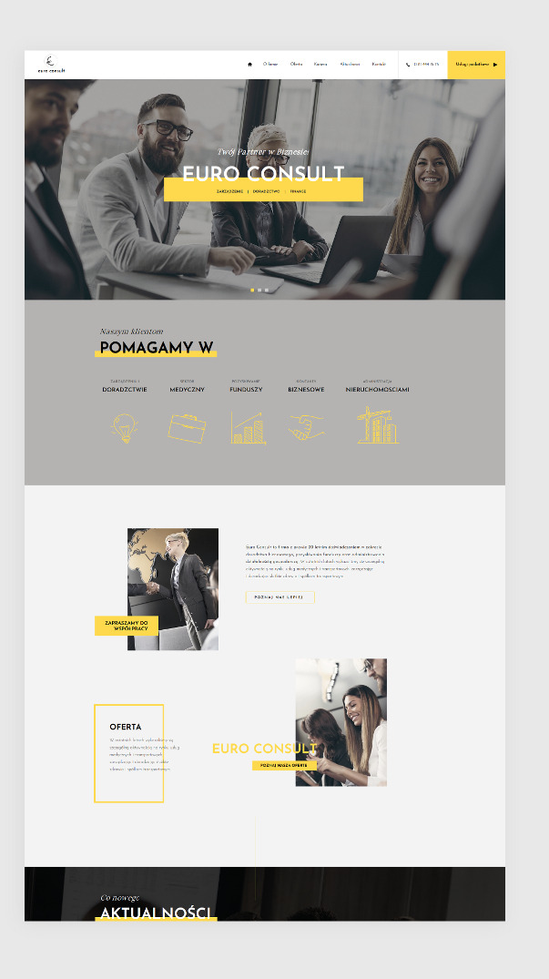 Fragment strony internetowej firmy konsultingowej Euro Consult z widocznymi sekcjami: nagłówek z zespołem, ikony usług doradczych, zaproszenie do współpracy i oferta.