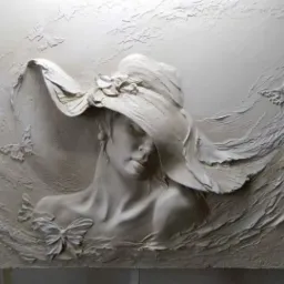 Dekoracyjna płaskorzeźba ścienna z motywem kobiety w kapeluszu i motyli, wykonana przez artystę z Gdyni, z wyraźną fakturą i subtelnym światłocieniem.