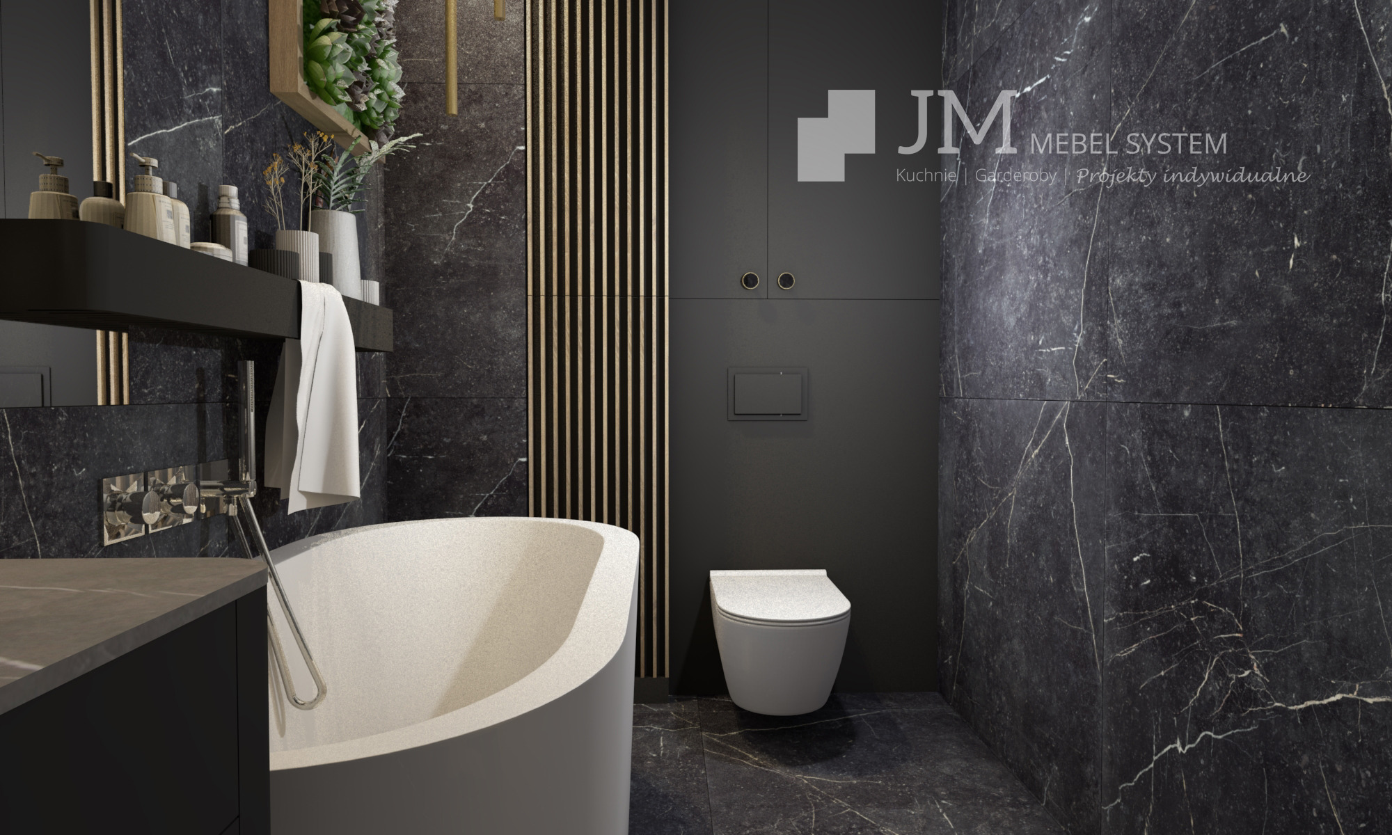 Nowoczesna łazienka z wanną wolnostojącą, czarnymi marmurowymi płytkami, minimalistyczną armaturą i elementami dekoracyjnymi z drewna oraz roślinami w tle, oświetlona ciepłym światłem.