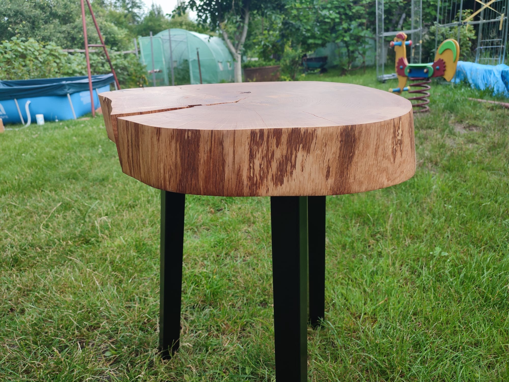 Stolik kawowy z blatem z plastra drewna z naturalnym pęknięciem, osadzony na czterech czarnych, metalowych nogach, ustawiony na trawniku w ogrodzie z basenem i tunelem foliowym w tle.