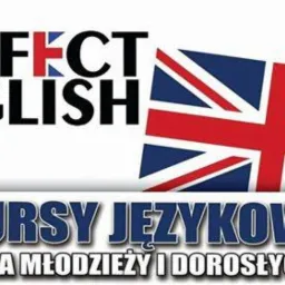 Grafika reklamowa: napis Perfect English z elementami flagi brytyjskiej, flaga Wielkiej Brytanii oraz napis Kursy Językowe dla młodzieży i dorosłych.