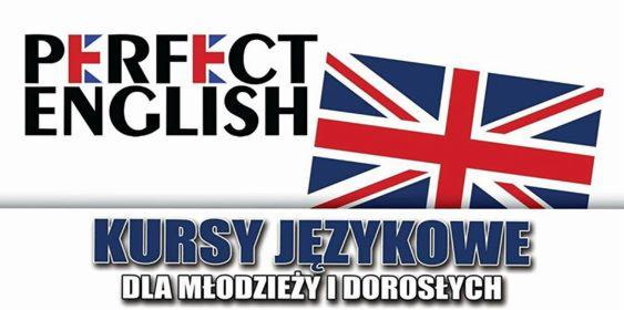 Grafika reklamowa: napis Perfect English z elementami flagi brytyjskiej, flaga Wielkiej Brytanii oraz napis Kursy Językowe dla młodzieży i dorosłych.