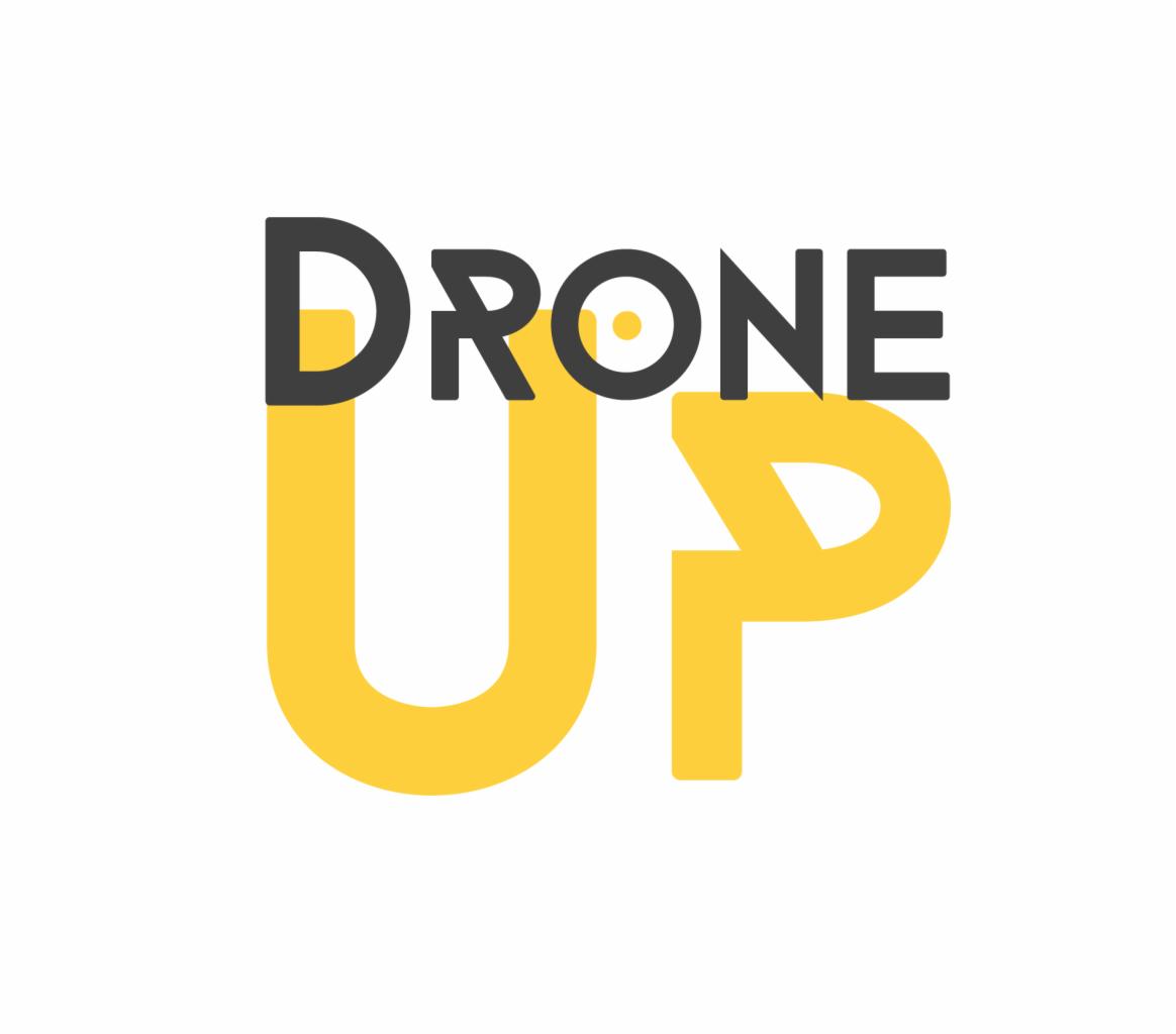 Logo firmy 'Drone Up' z czarnym napisem 'DRONE' nad żółtym napisem 'UP' na białym tle.