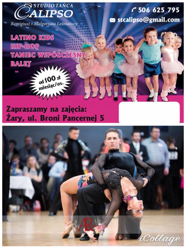 Plakat reklamowy studia tańca Calipso z ofertą zajęć dla dzieci (latino kids, hip-hop, taniec współczesny, balet) oraz par tanecznych, prezentujący dynamiczną figurę taneczną w wykonaniu...