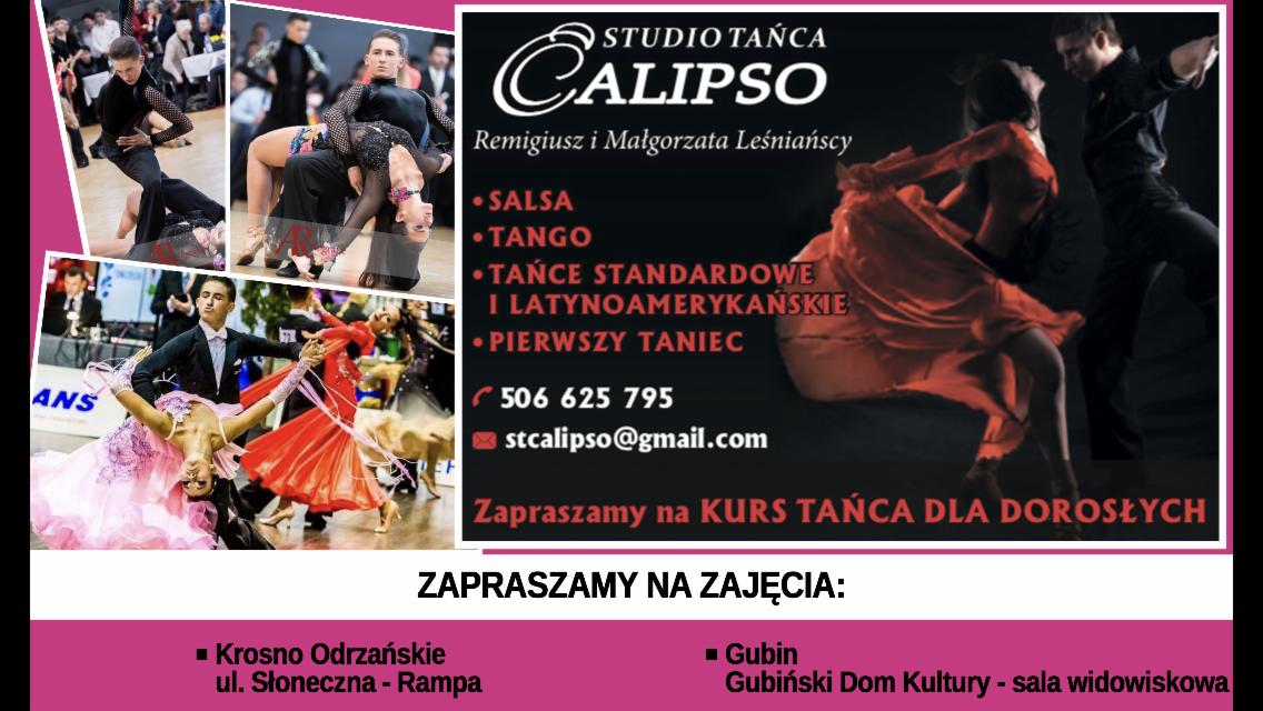 Plakat reklamowy studia tańca Calipso z fotografiami par tanecznych w różnych stylach, obejmujący salsę, tango, tańce standardowe i latynoamerykańskie oraz pierwszy taniec, z danymi kontaktowymi...