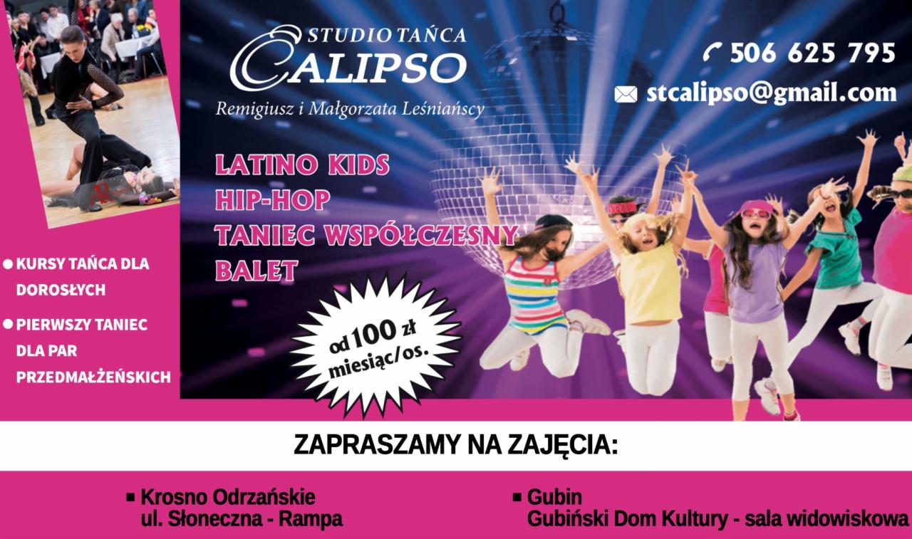 Plakat reklamowy studia tańca Calipso z ofertą kursów dla dorosłych i dzieci, obejmującą taniec latino, hip-hop, taniec współczesny i balet, z kontaktowym numerem telefonu i adresem e-mail.