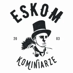 Grafika wektorowa: stylizowany portret mężczyzny w cylindrze, z narzędziem do czyszczenia kominów, otoczony napisem 'ESKOM' i 'KOMINIARZE' oraz liczbami '20' i '03', w czerni na białym tle.
