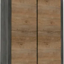 Dwudrzwiowa szafa z przesuwnymi drzwiami o okleinie imitującej jasne drewno, z szarymi bokami i ramą.