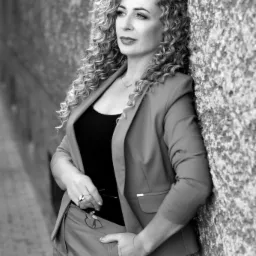 Portret kobiety w garniturze, opierającej się o szorstką, kamienną ścianę, z okularami w dłoni i zamyślonym spojrzeniem w bok, w czerni i bieli.