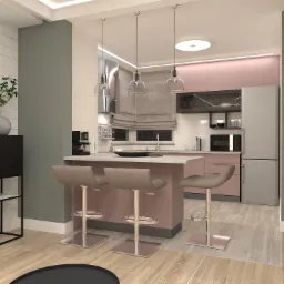 Wizualizacja kuchni w odcieniach pudrowego różu i szarości, z wyspą i hokerami na tle ściany z białej cegły i minimalistycznego regału z roślinami.