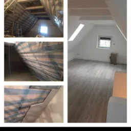 Kolaż zdjęć przedstawiający ocieplanie poddasza: widok na krokwie z izolacją, fragment ściany z profilem oraz gotowe poddasze z panelami, oknem i grzejnikiem.