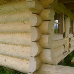 Fragment ściany domu z bali z widocznymi zdobieniami i oknem z ozdobnymi zawiasami, w tle zielony krajobraz