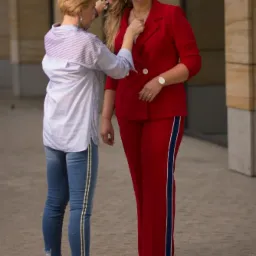 Stylistka poprawia włosy klientce w czerwonym garniturze z lampasem, na tle nowoczesnej architektury.