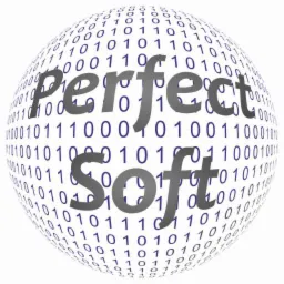 Grafika przedstawiająca kulę utworzoną z zer i jedynek, na której widnieje napis 'Perfect soft' w szarym kolorze, sugerujący oprogramowanie.