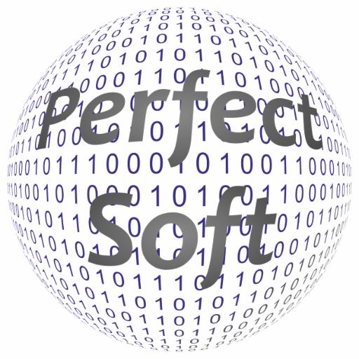 Grafika przedstawiająca kulę utworzoną z zer i jedynek, na której widnieje napis 'Perfect soft' w szarym kolorze, sugerujący oprogramowanie.