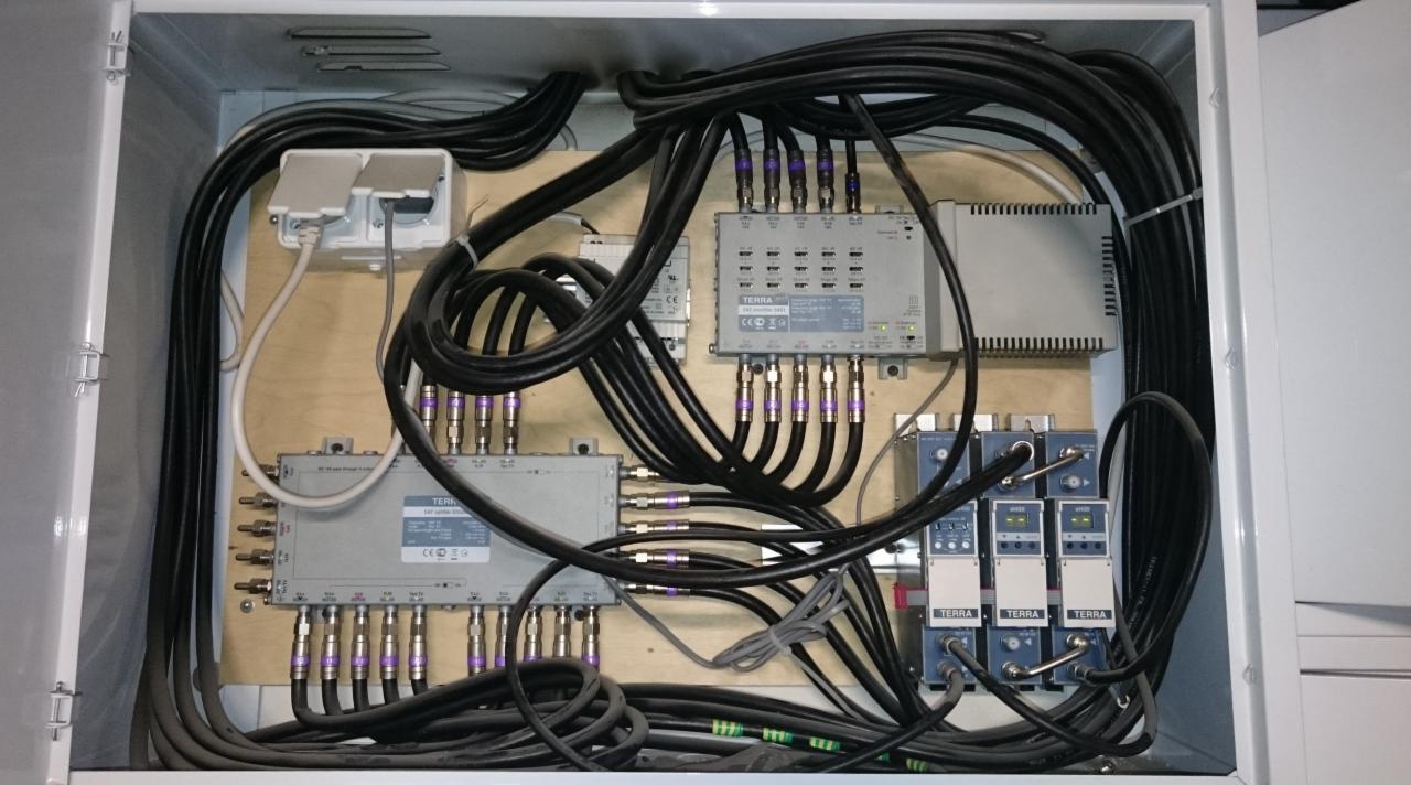 Rozdzielnica antenowa z licznymi kablami koncentrycznymi, wzmacniacze sygnału i zasilacze w metalowej obudowie, widoczne złącza F z fioletowymi pierścieniami.
