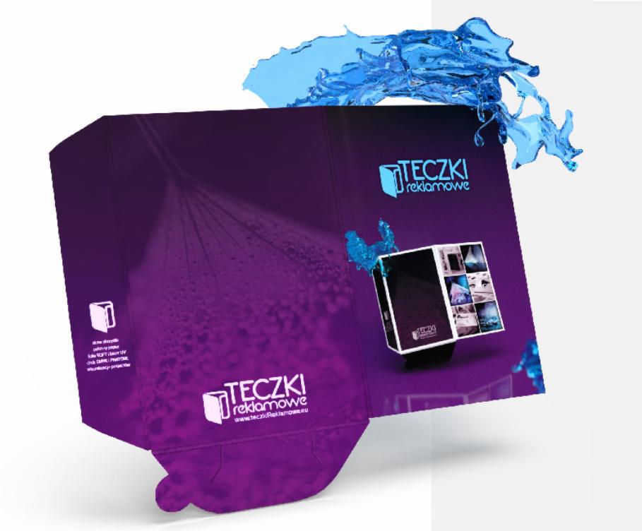 Otwarta, fioletowa teczka firmowa z nadrukowanym logo i adresem strony internetowej, ozdobiona elementami graficznymi imitującymi rozpryski wody.