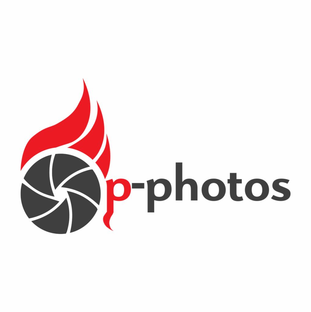 Logo firmy fotograficznej: czarny obiektyw z czerwonymi płomieniami i napisem 'p-photos'.