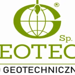 Zielone logo firmy GEOTECH Sp. z o.o. z symbolem kuli ziemskiej i napisem PRZEDSIĘBIORSTWO GEOTECHNICZNO-KONSULTINGOWE.