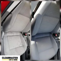 Fotel samochodowy z jasną tapicerką: po lewej stronie widoczne silne zabrudzenia, po prawej fotel po czyszczeniu, z odzyskanym oryginalnym kolorem i wzorem.