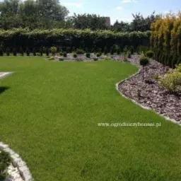 Utrzymany trawnik z ozdobnymi nasadzeniami drzew i krzewów, obrzeża z kamieni i kory, w tle żywopłot.