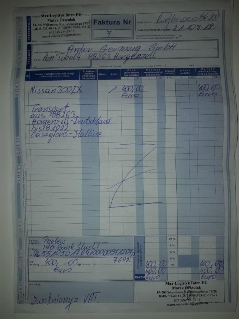 Skan faktury za transport samochodu Nissan 300ZX z Niemiec (Horgenzell) do Włoch (Casagiove), wystawionej przez Max-Logistyk Inter. EU.