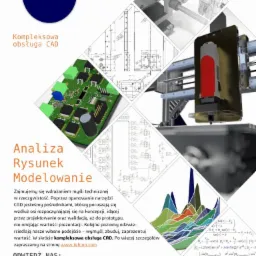 Kolaż zdjęć ilustrujący kompleksową obsługę CAD, zawierający schematy, wizualizacje 3D, elektronikę, wykresy i model 3D w procesie obróbki.