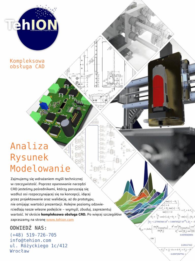 Kolaż zdjęć ilustrujący kompleksową obsługę CAD, zawierający schematy, wizualizacje 3D, elektronikę, wykresy i model 3D w procesie obróbki.