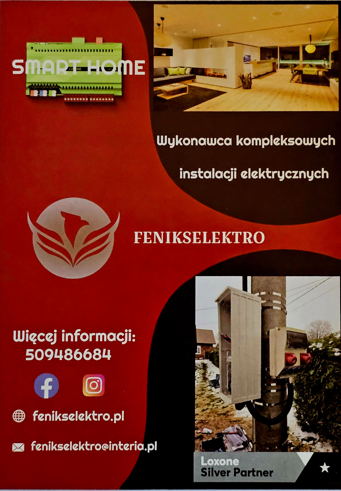 Folder reklamowy firmy FENIKSELEKTRO, oferującej kompleksowe instalacje elektryczne, prezentujący moduł Smart Home, wnętrze domu z oświetleniem oraz przyłącze elektryczne na słupie.