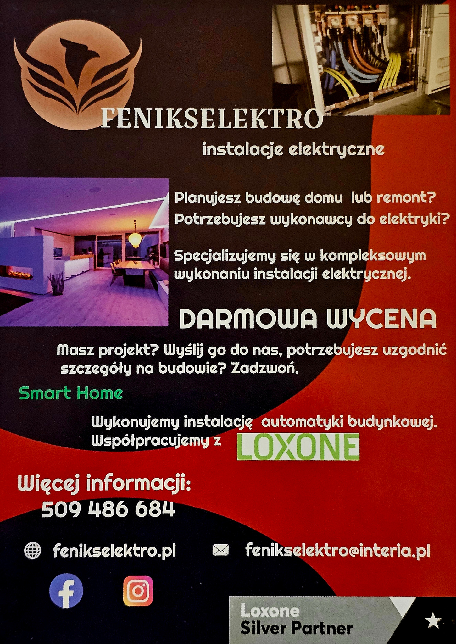 Ulotka reklamowa firmy elektrycznej FeniksElektro z logo, zdjęciem skrzynki elektrycznej i hasłem 'instalacje elektryczne', oferującej darmową wycenę i współpracę z Loxone.