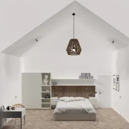 Jasna sypialnia na poddaszu z łóżkiem, biurkiem z wiklinowym krzesłem, szafą i parkietem w jodełkę, oświetlona lampą z naturalnego materiału.