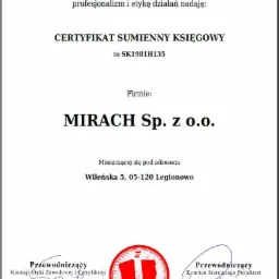Certyfikat 'Sumienny Księgowy' dla firmy MIRACH Sp. z o.o. z adresem w Legionowie, potwierdzający profesjonalizm i etykę, wydany 30 sierpnia 2019 roku.