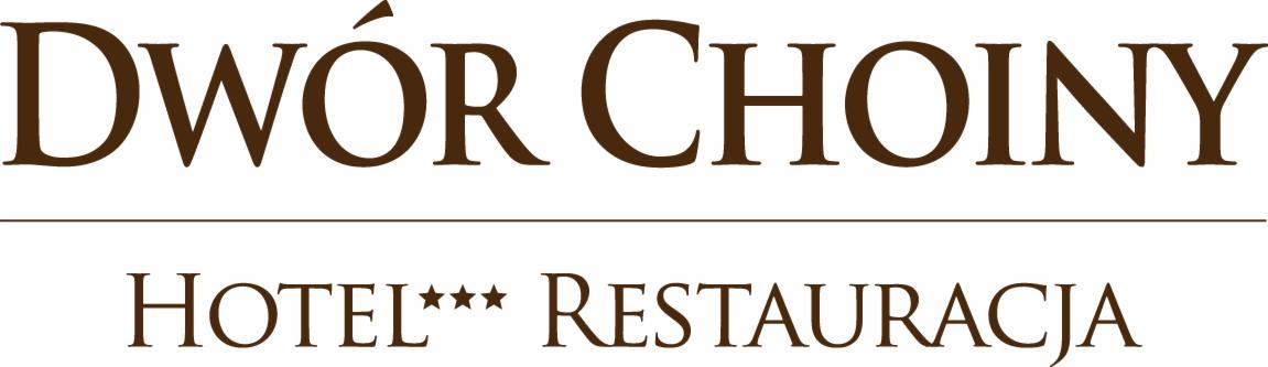 Logo Dwór Choiny, trzypiętrowy hotel i restauracja, brązowy tekst na białym tle.