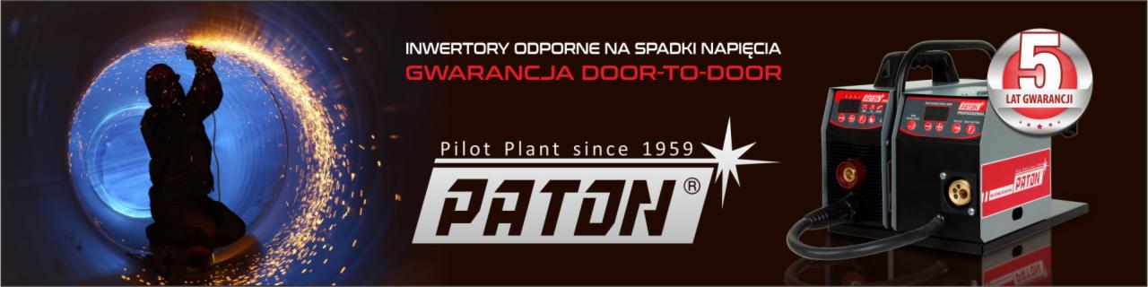 Spawanie wewnątrz rury, iskry rozbryzgują się wokół spawacza w kombinezonie, obok logo producenta sprzętu spawalniczego Paton i informacja o 5-letniej gwarancji na inwertory