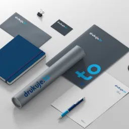 Zestaw materiałów biurowych z identyfikacją wizualną firmy: notatnik, wizytówka, teczka, arkusz papieru firmowego, długopis, przypinka i tuba na dokumenty, ułożone na jasnym tle.