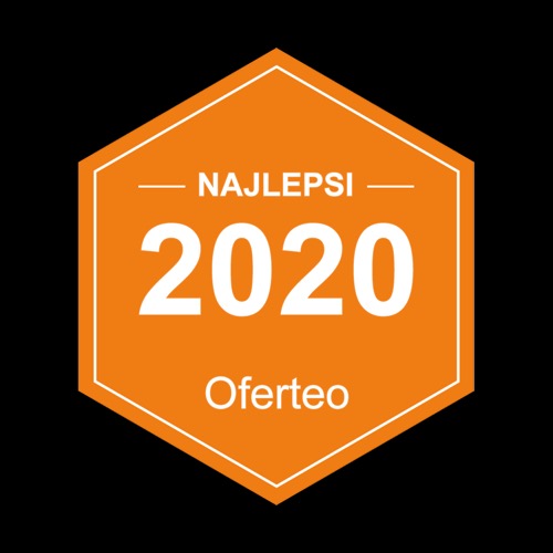 Pomarańczowa odznaka Oferteo 'Najlepsi 2020' na czarnym tle.