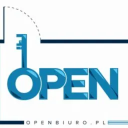 Grafika wektorowa przedstawiająca klucz wkomponowany w słowo 'OPEN', umieszczone w obrysie planu pomieszczenia, z adresem strony internetowej openbiuro.pl na dole.