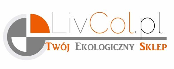 Logo sklepu internetowego LivCol.pl z hasłem 'Twój EKOLOGICZNY Sklep', wykorzystujące geometryczny symbol w kolorach szarym i pomarańczowym.
