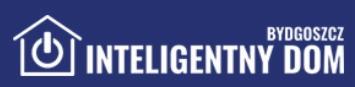Logo firmy 'Inteligentny Dom' z Bydgoszczy, na granatowym tle, z symbolem domu z przyciskiem zasilania w środku.