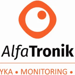 Logo firmy AlfaTronik z pomarańczowym symbolem oka w rombie, czarnym napisem nazwy i hasłem reklamowym: Elektryka, Monitoring, Alarm.