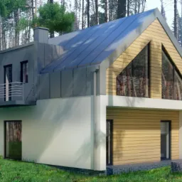 Wizualizacja nowoczesnego domu jednorodzinnego z elementami drewna i szarej blachy na tle leśnym, z dużymi oknami i balkonem.